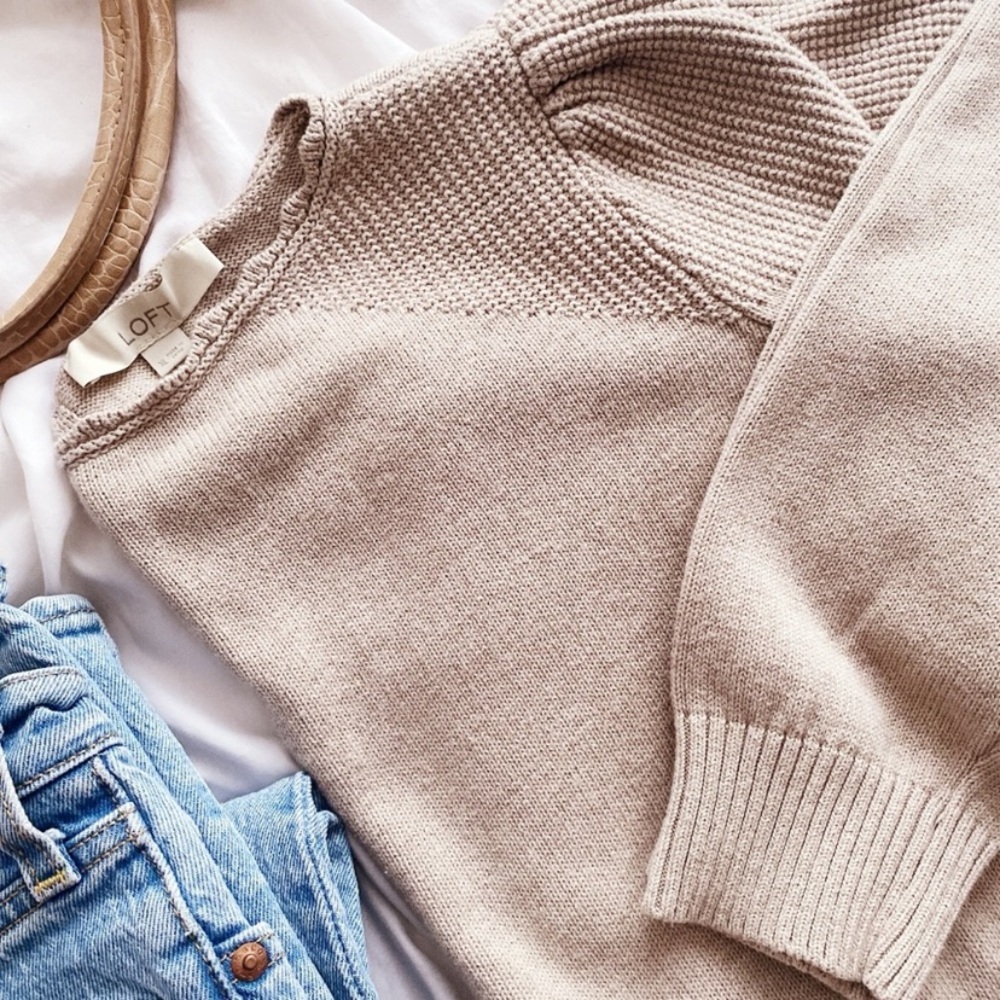 Loft Puff Sleeve Tan Boatneck Sweater